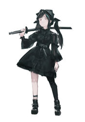  absurdres black_dress black_footwear black_hair black_thighhighs blue_hair boots closed_mouth commentary dress english_commentary female full_body highres holding holding_sword holding_weapon katana long_hair long_sleeves looking_at_viewer multicolored_hair orange_eyes original red_eyes simple_background single_thighhigh solo standing streaked_hair sword thighhighs weapon white_background zygocactus 