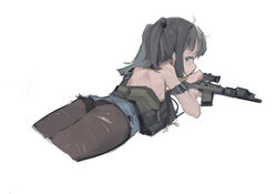  absurdres back black_pantyhose breasts brown_hair commentary cropped_legs english_commentary female gun highres load_bearing_vest long_hair looking_at_viewer looking_back lying on_stomach original panties panties_under_pantyhose pantyhose rifle scope simple_background small_breasts solo sweat tactical_clothes topless twintails underwear weapon weapon_request white_background zygocactus 