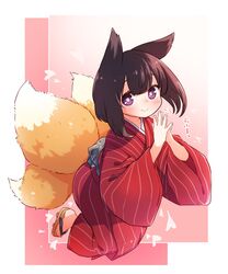  animal_ears babalilo bad_id bad_twitter_id black_hair blush borrowed_character brown_footwear closed_mouth commentary_request female fox_ears fox_girl fox_tail full_body geta highres inactive_account japanese_clothes kimono kitsune kukuri_(mawaru) long_sleeves looking_at_viewer original purple_eyes red_kimono smile solo steepled_fingers striped_clothes striped_kimono tail vertical-striped_clothes vertical-striped_kimono wide_sleeves 