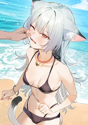  1other animal_ear_fluff animal_ears bare_shoulders beach bell bikini black_bikini blue_sky blush breasts breasts_apart cat_ears cat_tail cheek_pinching cheek_pull clenched_hand cloud collar commentary_request commission cowboy_shot day eyelashes female fingernails grey_hair highres horizon jingle_bell long_eyelashes long_fingernails long_hair looking_afar looking_ahead medium_breasts multi-strapped_bikini_bottom navel neck_bell ocean oerba_yun_fang one_eye_closed original outdoors parted_lips pinching red_collar red_eyes red_nails sand skeb_commission sky solo_focus subachi sweatdrop swimsuit tail v-shaped_eyebrows water wristband 