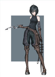  absurdres bad_id bad_pixiv_id belt black_hair blue_eyes boots breasts brown_gloves chaps commentary_request dagger eyes_visible_through_hair fantasy female frown full_body gloves hair_over_one_eye highres holding holding_weapon ikasamahideo khopesh knife looking_at_viewer original short_hair small_breasts solo standing steel-toe_boots thigh_boots thighhighs tsurime two-tone_background unworn_belt weapon 