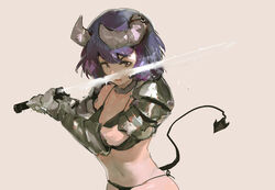  absurdres armor beige_background bikini black_bikini brown_eyes commentary_request demon_horns demon_tail female gauntlets highres holding holding_sword holding_weapon horns looking_at_viewer navel open_mouth original purple_hair short_hair shoulder_armor simple_background solo sweat swimsuit sword tail transparent_sword upper_body weapon zygocactus 