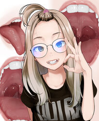  blonde_hair blue_eyes female forehead glasses grin highres long_hair looking_at_viewer natsui_tuna open_mouth original smile solo teeth tongue tongue_out 