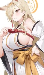  animal_ears bare_shoulders blonde_hair blue_archive blush breasts commentary detached_sleeves extra_ears female fox_ears hair_over_one_eye hairband halo hand_on_own_hip highres japanese_clothes kaho_(blue_archive) kikimi kimono large_breasts long_hair mole mole_under_mouth parted_lips sideboob sideless_kimono simple_background solo sweat thick_eyebrows white_background wide_sleeves yellow_eyes 