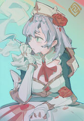  apron ascot blue_background chinese_commentary cigarette cleavage_cutout clothing_cutout commentary_request crying crying_with_eyes_open female flower gauntlets genshin_impact green_eyes grey_hair hair_flower hair_ornament highres long_hair looking_to_the_side maid_apron neckerchief noelle_(genshin_impact) red_ascot red_flower smoke smoking solo tears white_apron white_headwear zygocactus 