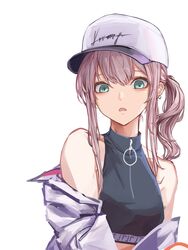  absurdres aqua_eyes ar-57_(girls&#039;_frontline) bare_shoulders baseball_cap black_shirt breasts clothes_pull commentary crop_top ear_piercing earrings female girls&#039;_frontline hat highres jacket jacket_pull jewelry lithographica long_hair looking_at_viewer medium_breasts open_clothes open_jacket open_mouth piercing pink_hair shirt side_ponytail sidelocks solo teeth upper_body upper_teeth_only white_background white_hat white_jacket 