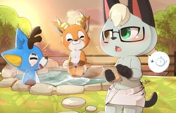  animal_crossing anthro bam_(animal_crossing) bathing beau_(animal_crossing) blush cellphone closed_eyes deer detailed_background dipstick_arms domestic_cat electronics emanata eyewear felid feline felis freckles glasses group heterochromia hi_res holding_object holding_phone horn hot_spring male mammal navel nintendo phone raymond_(animal_crossing) smartphone smile smite_(artist) sunset tail towel towel_only trio water 