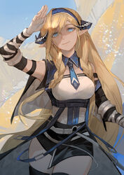  absurdres arknights arm_up bare_shoulders blonde_hair blue_eyes blue_hairband blue_necktie braid breasts commentary_request cowboy_shot female fingerless_gloves gloves hairband highres horns long_hair looking_at_viewer medium_breasts necktie pointy_ears saileach_(arknights) shading_eyes shirt smile solo standing twin_braids very_long_hair white_shirt yumingtongxue 