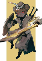  absurdres black_footwear brown_coat brown_hair brown_headwear chinese_commentary coat commentary_request double_bun female foreshortening full_body hair_bun highres holding holding_shield holding_sword holding_weapon long_sleeves looking_at_viewer original parted_lips red_eyes shield slit_pupils solo sword weapon weapon_on_back white_background yellow_background zygocactus 