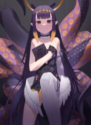  absurdres animal_ears ao-chan_(ninomae_ina&#039;nis) bad_id bad_pixiv_id black_eyes black_hair black_leotard blunt_bangs book commentary extra_ears feathered_wings female glow_(user_hnpv7785) gradient_hair halo highres holding holding_book hololive hololive_english leotard long_hair looking_at_viewer low_wings multicolored_hair ninomae_ina&#039;nis ninomae_ina&#039;nis_(1st_costume) orange_hair pointy_ears sidelocks simple_background single_thighhigh smile solo strapless strapless_leotard tentacle tentacle_hair thighhighs very_long_hair virtual_youtuber white_thighhighs white_wings wings 