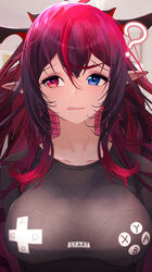  :s ? absurdres alternate_costume asymmetrical_bangs black_shirt bra breasts collarbone commentary controller demon_girl demon_horns door female game_controller game_controller_print gamepad getto hair_between_eyes heterochromia highres hololive hololive_english horns indoors irys_(hololive) large_breasts long_hair looking_to_the_side multicolored_hair multiple_horns poster_(object) print_shirt red_hair shirt solo symbol-only_commentary tight_clothes underwear upper_body very_long_hair virtual_youtuber 