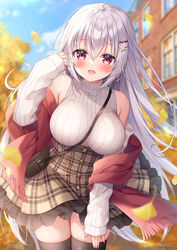  :d bag bare_shoulders black_thighhighs blue_sky blurry blurry_background blush breasts brown_skirt building cloud commentary_request day depth_of_field detached_sleeves female frilled_skirt frills fringe_trim ginkgo_leaf grey_hair hair_between_eyes hair_ornament hairclip hand_up large_breasts leaf long_hair long_sleeves mitsuba_choco oerba_yun_fang original outdoors plaid plaid_skirt red_eyes red_scarf ribbed_sweater scarf shoulder_bag skindentation skirt sky sleeveless sleeveless_turtleneck sleeves_past_wrists smile solo sweater thighhighs turtleneck turtleneck_sweater twitter_username very_long_hair white_sleeves window 