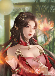  absurdres artist_request bamboo bare_shoulders blurry blurry_background brown_hair chinese_clothes circle closed_mouth commentary_request detached_collar female fire flower hair_rings highres huo_linger_(wanmei_shijie) lips long_hair long_sleeves lotus nose orb outdoors pink_eyes second-party_source see-through see-through_sleeves solo upper_body wanmei_shijie watermark weibo_logo weibo_watermark 