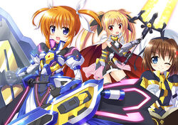  3girls ;) armor armored_dress bardiche_(nanoha) bardiche_(zanber_form)_(nanoha) beret black_dress black_gloves black_ribbon blue_eyes cape commentary_request dress endori fate_testarossa fate_testarossa_(blaze_form_ii) fingerless_gloves fortress_(nanoha) gauntlets gloves hair_ornament hair_ribbon hat holding holding_weapon jacket juliet_sleeves long_dress long_hair long_sleeves looking_at_viewer lyrical_nanoha magical_girl mahou_shoujo_lyrical_nanoha mahou_shoujo_lyrical_nanoha_reflection multiple_girls one_eye_closed open_mouth partial_commentary puffy_sleeves purple_eyes red_cape ribbon shield short_dress short_hair sidelocks simple_background sleeveless sleeveless_dress smile standing strike_cannon takamachi_nanoha takamachi_nanoha_(formula_mode) tome_of_the_night_sky twintails two-sided_cape two-sided_fabric weapon white_background white_cape white_dress white_headwear white_jacket white_ribbon x_hair_ornament yagami_hayate 