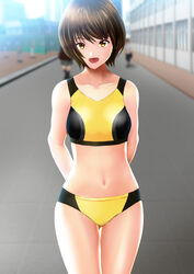  arms_behind_back backlighting blurry blurry_background brown_eyes brown_hair buruma commentary_request day depth_of_field female highres navel open_mouth original outdoors short_hair smile solo_focus sports_bikini sports_bra standing thigh_gap yadokari_genpachirou yellow_buruma yellow_sports_bra yudate_haruka 