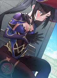  :t black_gloves blue_eyes blush breasts capelet choker cleavage female genshin_impact gloves hair_between_eyes hat leotard long_hair looking_away mona_(genshin_impact) pantyhose pout purple_hair sitting sky solo subachi twitter_username witch_hat 