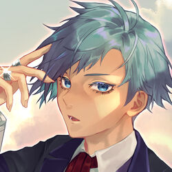  1boy bangs black_jacket blue_eyes blue_hair collared_shirt commentary_request eyelashes glint hand_up highres jacket jewelry long_sleeves lower_teeth male_focus necktie open_mouth pokemon pokemon_(game) pokemon_oras red_necktie ring shirt short_hair sizuru_(garasuame0206) solo steven_stone teeth tongue white_shirt 