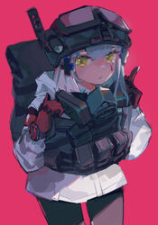  absurdres backpack bag black_pantyhose blue_hair chinese_commentary commentary_request cowboy_shot female girls&#039;_frontline gloves goggles goggles_on_headwear hair_ornament helmet highres hk416_(fang)_(girls&#039;_frontline) hk416_(girls&#039;_frontline) jacket light_blush load_bearing_vest long_hair looking_at_viewer mask mask_around_neck pantyhose parted_lips pink_background red_gloves respirator simple_background solo tactical_clothes teardrop_facial_mark tom_clancy&#039;s_the_division watch white_jacket wristwatch x_hair_ornament yellow_eyes zygocactus 