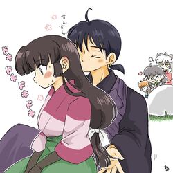  2girls 3boys ahoge animal_ears black_eyes black_hair blush brown_eyes brown_hair closed_eyes dog_ears earrings hair_between_eyes heart higurashi_kagome inuyasha inuyasha_(character) japanese_clothes jewelry kesa kimono long_hair long_sleeves low-tied_long_hair maaruutaa0 miroku_(inuyasha) multiple_boys multiple_girls no_mouth orange_hair puff_of_air sango_(inuyasha) shippou_(inuyasha) smelling_hair white_background white_hair yellow_eyes 