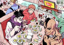  5boys black_blindfold black_eyes black_hair black_sclera blindfold blonde_hair blue_shirt bottle chopsticks choso_(jujutsu_kaisen) collared_shirt colored_sclera conveyor_belt_sushi cup eso_(jujutsu_kaisen) food gojou_satoru highres holding holding_bottle holding_chopsticks holding_plate holding_spoon hood hood_down hoodie indoors itadori_yuuji japanese_clothes jujutsu_kaisen kechizu_(jujutsu_kaisen) kimono long_sleeves male_focus max801115 monster multiple_boys nanami_kento open_mouth pink_hair plate profile red_hoodie scar scar_on_face shirt short_hair spoon sushi table undercut white_hair white_kimono 