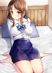  bare_legs barefoot bed blue_bow blue_bowtie blue_skirt blush bow bowtie breast_pocket breasts brown_hair collared_shirt commentary dress_shirt earrings embarrassed female full_body hazuki_natsu highres hoop_earrings indoors jewelry large_breasts lips long_hair long_sleeves looking_at_viewer miniskirt orange_eyes original parted_bangs partially_unbuttoned pillow pleated_skirt pocket shirt sitting skirt solo striped_bow striped_bowtie striped_clothes sweatdrop thighs uniform wariza white_shirt 