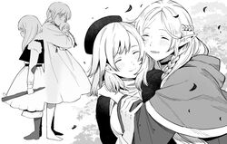  2girls ^_^ aged_down back-to-back braid capelet character_doll closed_eyes dress dungeon_meshi elf falin_touden falin_touden_(tallman) greyscale happy hat heads_together hidakarumen holding holding_stick hug jacket lolicon long_hair long_sleeves marcille_donato monochrome multiple_braids multiple_girls multiple_views pointy_ears sad scared short_hair side_braid simple_background standing stick tears white_background 