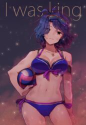  antenna_hair ball bikini blue_bikini blue_hair breasts brown_eyes closed_mouth commentary contrapposto cowboy_shot embers english_commentary english_text eyewear_on_head female front-tie_bikini_top front-tie_top holding holding_ball idolmaster idolmaster_million_live! jewelry kamille_(vcx68) light_frown looking_at_viewer medium_breasts navel necklace orange-framed_eyewear short_hair side-tie_bikini_bottom solo sports_sunglasses standing sunglasses swimsuit toyokawa_fuka volleyball volleyball_(object) wind 