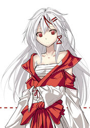  bare_shoulders borrowed_character chinese_zodiac collarbone female grey_hair highres i.takashi japanese_clothes long_hair looking_at_viewer miko multicolored_hair off_shoulder original red_hair solo streaked_hair white_background white_hair year_of_the_rooster 