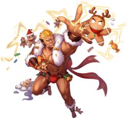  1boy abs artist_request bad_source bara bare_pectorals barefoot bell black_hair blonde_hair briefs brown_hair bulge christmas cookie creature dark-skinned_male dark_skin facial_hair fighting_stance food foreshortening forked_eyebrows frown full_body fur-trimmed_legwear fur-trimmed_sleeves fur_trim goatee gyee harness hat highres jewelry jingle_bell large_pectorals long_sideburns male_focus male_underwear mature_male multicolored_hair muscular muscular_male navel necklace nipples official_alternate_costume official_art open_hand orange_eyes orange_hair pectorals pointy_ears raikoh_(paradiso_guardian) red_male_underwear revealing_clothes santa_costume santa_hat short_hair sideburns solo stomach thick_eyebrows thick_thighs thighs transparent_background underwear wrist_cuffs 