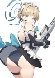  apron ass black_dress blonde_hair blue_archive blue_eyes blue_halo breasts closed_mouth commentary dress elbow_gloves female from_behind gloves gun halo highres holding holding_gun holding_weapon kildir looking_back maid_headdress rifle simple_background sniper_rifle solo standing thigh_strap toki_(blue_archive) weapon white_apron white_background wind wind_lift 