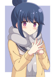  bad_id bad_pixiv_id black_sailor_collar blue_hair blush border closed_mouth commentary female fingers_together frown grey_scarf hair_bun highres long_sleeves looking_at_viewer motosu_school_uniform outside_border purple_background purple_eyes sailor_collar scarf school_uniform shima_rin shirt short_hair simple_background single_hair_bun solo steepled_fingers sweater upper_body white_border white_shirt yellow_sweater yurucamp zeta_(24904340) 