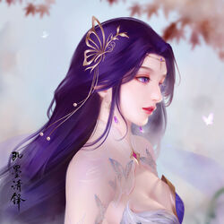  absurdres blurry blurry_background breasts bug butterfly dress earrings female from_side hair_ornament highres jewelry jimo_qingfeng leaf long_hair medium_breasts parted_lips purple_dress purple_eyes purple_hair see-through solo teeth wanmei_shijie yun_xi_(wanmei_shijie) 