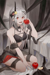  :d absurdres apple arknights bare_shoulders black_choker breasts choker cleavage commentary_request female flower food fruit hair_flower hair_ornament hand_up highres holding holding_food holding_fruit infection_monitor_(arknights) jewelry long_hair looking_at_viewer material_growth medium_breasts mudrock_(arknights) mudrock_(silent_night)_(arknights) necklace official_alternate_costume oripathy_lesion_(arknights) red_eyes seiza sitting smile solo thighs white_hair yellow_flower yumingtongxue 