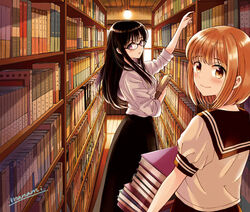  2girls black-framed_eyewear black_hair black_sailor_collar black_skirt blush book bookshelf bookstore brown_eyes carrying closed_mouth commentary_request cover_image glasses himawari-san himawari-san_(character) holding holding_book indoors kazamatsuri_matsuri light_brown_hair long_hair long_skirt looking_at_viewer medium_hair multiple_girls official_art purple_eyes sailor_collar school_uniform serafuku shelving_book shirt shop signature skirt smile standing sugano_manami textless_version white_shirt 