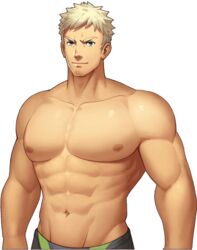  1boy abs bad_source bara blonde_hair covered_navel cowboy_shot facial_hair gyee halo jammers large_pectorals looking_at_viewer lvlv male_focus male_swimwear mature_male muscular muscular_male navel nipples official_art paradiso_guardian pectorals radian_(paradiso_guardian) short_hair solo spiked_hair stomach stubble tachi-e topless_male transparent_background 