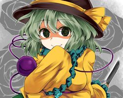  bad_id bad_pixiv_id black_headwear bow collared_shirt evil_smile eyeball female floral_background floral_print frilled_shirt_collar frilled_sleeves frills green_eyes green_hair green_skirt hat hat_bow hat_ribbon holding holding_knife knife komeiji_koishi long_sleeves ribbon shirt skirt smile solo string third_eye touhou wavy_hair wide_sleeves yellow_bow yellow_ribbon yellow_shirt zetsumame 