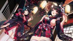  2girls absurdres animal_ear_fluff animal_ears architecture azur_lane black_hair black_kimono blue_butterfly blue_eyes breasts bug butterfly butterfly_hair_ornament cat_ears cat_girl cleavage commentary_request dutch_angle east_asian_architecture fox_mask from_below fusou_(azur_lane) fusou_(retrofit)_(azur_lane) hair_ornament highres japanese_clothes kimono large_breasts long_hair mask mask_on_head medium_hair mismatched_eyebrows multiple_girls open_mouth panties red_eyes revision short_kimono sideboob thighhighs underwear white_panties white_thighhighs yamaha_tsui yamashiro_(azur_lane) yamashiro_(retrofit)_(azur_lane) zettai_ryouiki 