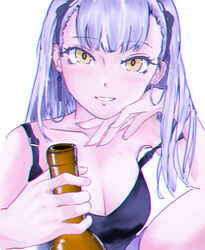  ak-alfa_(girls&#039;_frontline) arin6006 black_tank_top bottle breasts cleavage collarbone commentary earrings female german_commentary girls&#039;_frontline grey_hair hand_on_own_chin highres jewelry long_hair looking_at_viewer medium_breasts sitting smile solo tank_top white_background yellow_eyes 