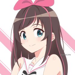  :&gt; bare_shoulders black_bow black_bowtie blue_eyes blush bow bow_hairband bowtie brown_hair closed_mouth collarbone commentary hairband kizuna_ai kizuna_ai_inc. multicolored_hair patrick_fche pink_hair pink_hairband portrait sailor_collar shirt sideways_glance signature sleeveless sleeveless_shirt smile solo spanish_commentary streaked_hair twitter_username virtual_youtuber white_shirt 