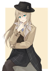  absurdres alternate_costume aqua_eyes black_hat black_pantyhose black_skirt coat fedora female hat highres lexington_(cv-16)_(warship_girls_r) long_hair long_sleeves necktie pantyhose plaid plaid_skirt platinum_blonde_hair skirt solo striped striped_necktie warship_girls_r wendy452088523 yellow_coat 