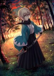  alternate_hairstyle black_hakama black_scarf blonde_hair closed_mouth cloud commentary fate/grand_order fate_(series) female forest grass green_eyes hair_between_eyes hakama hakama_skirt haori highres holding holding_sword holding_weapon japanese_clothes katana kaze_minoru_so-ru kimono koha-ace looking_at_viewer nature okita_souji_(fate) okita_souji_(koha-ace) open_clothes outdoors ponytail scarf sheath sheathed shinsengumi short_hair short_ponytail sidelocks skirt sky solo sunlight sword tree weapon white_kimono wide_sleeves 