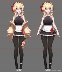  apron bad_id bad_twitter_id bare_shoulders black_dress black_legwear blonde_hair blue_eyes bow breasts closed_mouth collared_dress dress drill_hair feline female frills full_body grey_background hair_between_eyes hair_intakes hair_ornament heart heart-shaped_pupils high_heels jacket kiyomasa_ren large_breasts long_hair looking_at_viewer multiple_views nijisanji off_shoulder official_art open_clothes open_jacket pantyhose red_bow red_ribbon red_stripes ribbon shoes short_dress sideboob simple_background sleeveless smile striped striped_background symbol-shaped_pupils third-party_source translation_request virtual_youtuber virtuareal waist_apron white_apron white_footwear yukie_(virtuareal) 