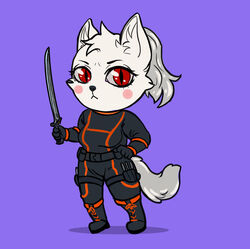  2022 5_fingers anthro arctic_fox black_nose bodysuit boots breasts canid canine chibi cinnameana clothed clothing death_glare digital_media_(artwork) female fingers footwear fox fur gloves hair handwear holding_melee_weapon holding_object holding_sword holding_weapon humanoid_hands inner_ear_fluff looking_at_viewer mammal melee_weapon murmur_(slanda) ponytail red_eyes skinsuit solo standing sword tight_clothing true_fox tuft weapon white_body white_fur white_hair 