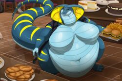  2023 anthro belly big_belly big_breasts big_tail biglovealicia blue_body breasts cake clothed clothing cobra dessert detailed_background digitigrade fast_food fast_food_restaurant featureless_breasts female food food_tray fries hi_res hot_dog morbidly_obese morbidly_obese_anthro morbidly_obese_female multicolored_body navel non-mammal_breasts obese obese_anthro obese_female overweight overweight_anthro overweight_female reptile restaurant scales scalie schnitzel signature smile snake solo stuffing tail thick_tail thick_thighs tongue tongue_out two_tone_body 