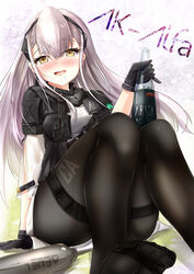  absurdres ak-alfa_(girls&#039;_frontline) alcohol black_gloves black_pantyhose blush bottle character_name check_commentary commentary_request drooling drunk ebiko_yaki feet female girls&#039;_frontline gloves grey_hair hair_between_eyes hair_ornament hairband hand_up highres holding jacket long_hair looking_at_viewer no_shoes open_mouth pantyhose saliva shorts sidelocks simple_background sitting soles solo thigh_strap thighs white_hair yellow_eyes 