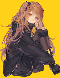  absurdres boots brown_eyes brown_hair commentary female girls&#039;_frontline hair_ornament hair_ribbon hairpin highres jacket knee_pads knees_to_chest long_hair long_sleeves looking_at_viewer pantyhose ribbon scar scar_across_eye scar_on_face skirt smile solo twintails ump9_(girls&#039;_frontline) yellow_background yoggi_(stretchmen) 