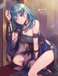  armlet black_dress blue_eyes blue_hair bracelet breasts byleth_(female)_(fire_emblem) byleth_(fire_emblem) cleavage closed_mouth commentary_request dancer dancer_(fire_emblem:_three_houses) dress female fire_emblem fire_emblem:_three_houses gladiator_sandals jewelry looking_at_viewer sandals single-shoulder_dress sitting solo yamigo 