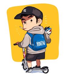  1boy backpack bag baseball_cap black_footwear black_hair black_hat black_shorts blue_bag cigarette from_behind full_body grey_hoodie hat hood hood_down hoodie kick_scooter korean_commentary male_focus original rinotuna shadow shoes short_hair shorts solo standing yellow_background 