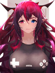  :s absurdres alternate_costume asymmetrical_bangs black_shirt bra breasts collarbone commentary controller demon_girl demon_horns door female game_controller game_controller_print gamepad getto hair_between_eyes heterochromia highres hololive hololive_english horns indoors irys_(hololive) large_breasts long_hair looking_to_the_side multicolored_hair multiple_horns outside_border poster_(object) print_shirt red_hair shirt solo symbol-only_commentary tight_clothes underwear upper_body very_long_hair virtual_youtuber 