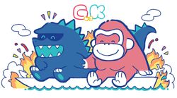  anthro ape closed_eyes duo fire gashi-gashi godzilla godzilla_(series) godzilla_vs._kong gorilla hand_holding haplorhine happy hi_res kaiju king_kong king_kong_(series) male mammal primate scalie smile toho 